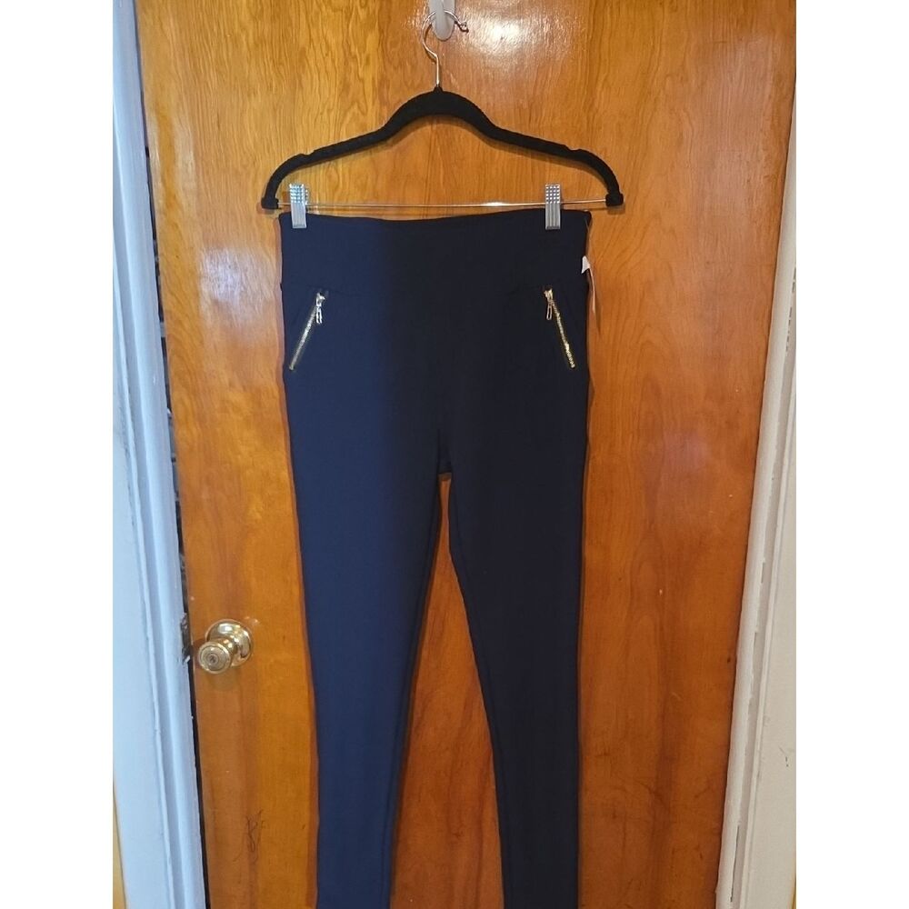 Shosho Navy Ponte Leggings with Gold Zipper Detail